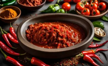 Sambal dalam cobek dikelilingi tebaran cabai, bawang, tomat, dan rempah.