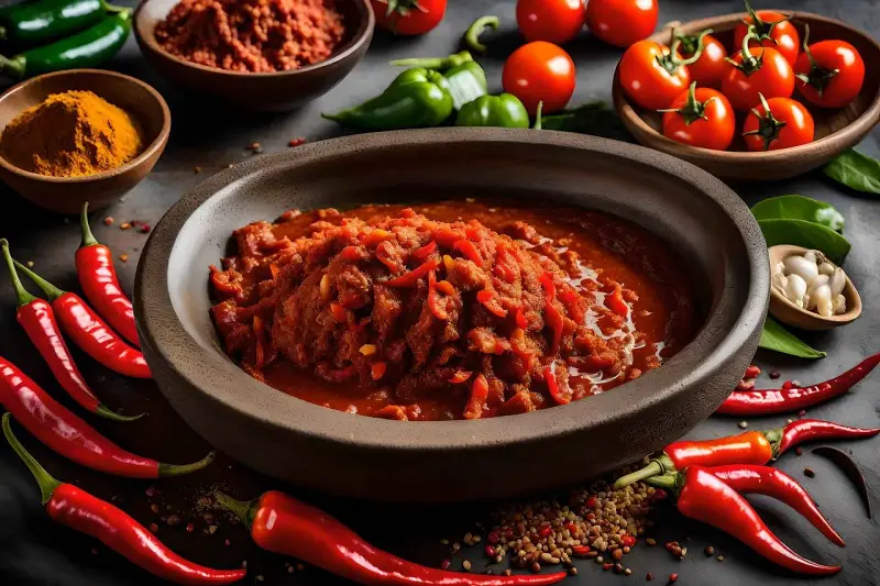 Sambal dalam cobek dikelilingi tebaran cabai, bawang, tomat, dan rempah.