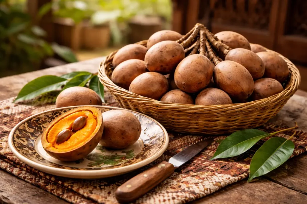 Tumpukan buah kepel dalam keranjang bambu dan buah kepel yang sudah dibelah dan tampak daging bagian dalamnya.