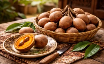 Tumpukan buah kepel dalam keranjang bambu dan buah kepel yang sudah dibelah dan tampak daging bagian dalamnya.