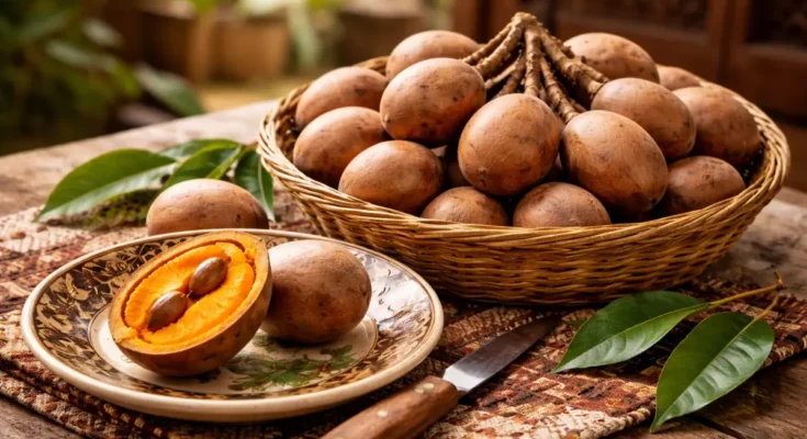 Tumpukan buah kepel dalam keranjang bambu dan buah kepel yang sudah dibelah dan tampak daging bagian dalamnya.