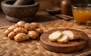 Rimpang kencur atau cikur yang masih utuh dan yang sudah diiris memperlihatkan dagingnya yang berwarna putih