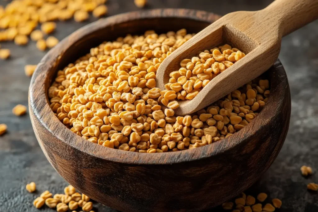 Klabet, kelabat, atau fenugreek dalam wadah kayu