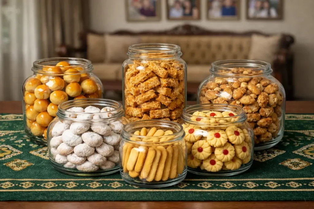 Berbagai kue kering Lebaran tersaji dalam toples bening,
