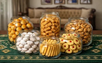 Berbagai kue kering Lebaran tersaji dalam toples bening,