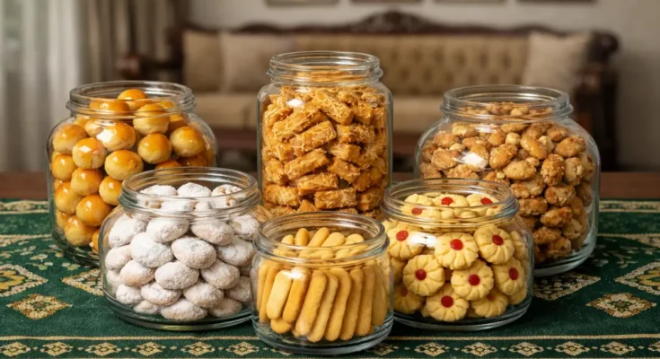 Berbagai kue kering Lebaran tersaji dalam toples bening,