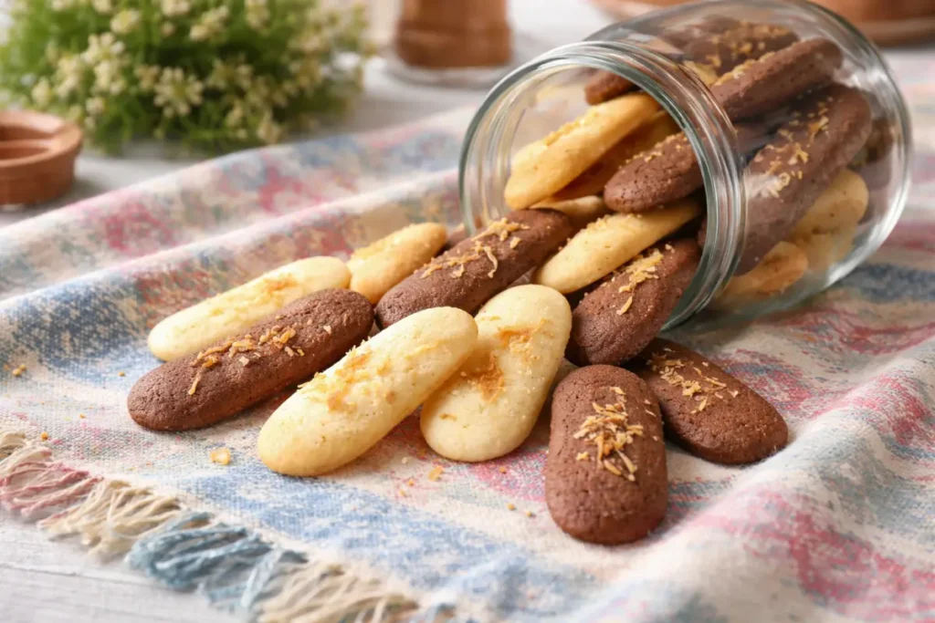 kue lidah kucing polos dan cokelat tumpah dari toples kaca