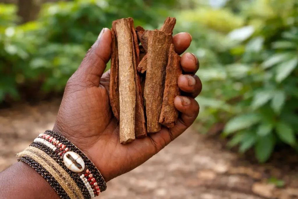 Tangan perempuan Papua sedang memegang beberapa potong kulit kayu mesoyi kering