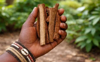 Tangan perempuan Papua sedang memegang beberapa potong kulit kayu mesoyi kering