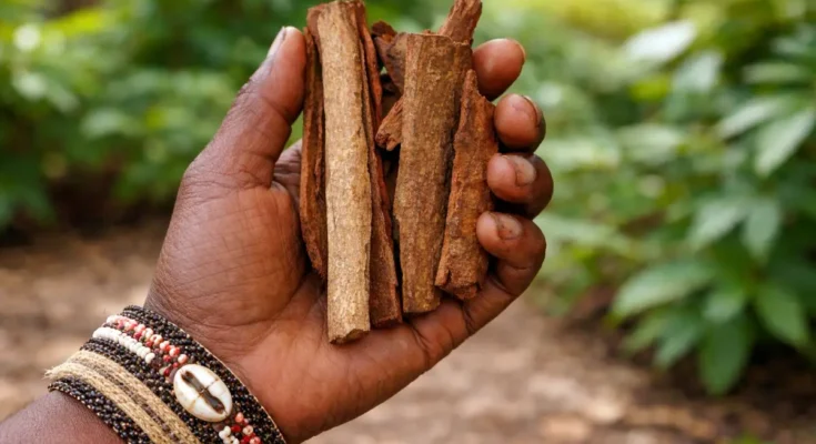 Tangan perempuan Papua sedang memegang beberapa potong kulit kayu mesoyi kering