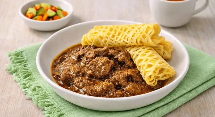 Sepiring roti jala gulai ayam bumbu klabet bersama acar dan secangkir teh