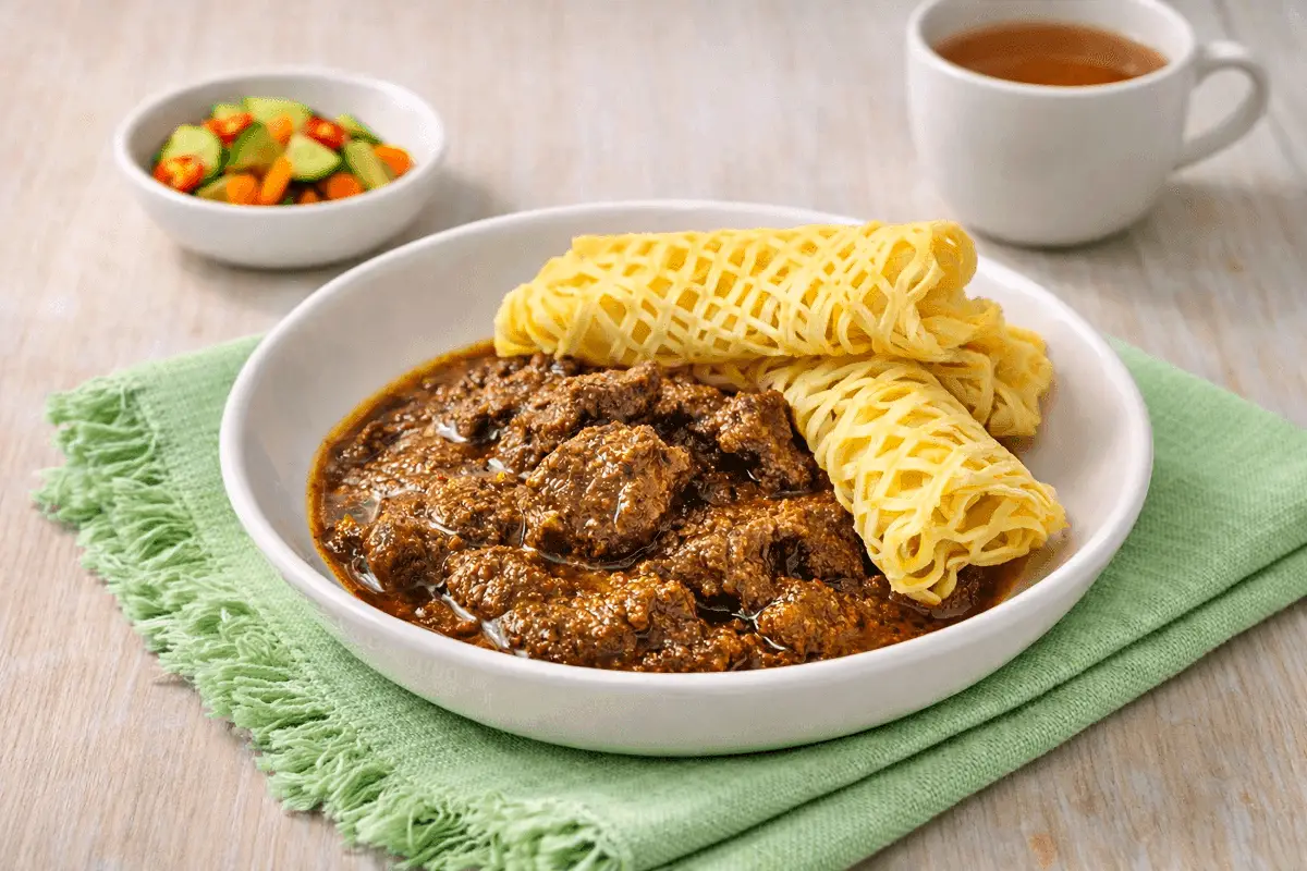 Sepiring roti jala gulai ayam bumbu klabet bersama acar dan secangkir teh