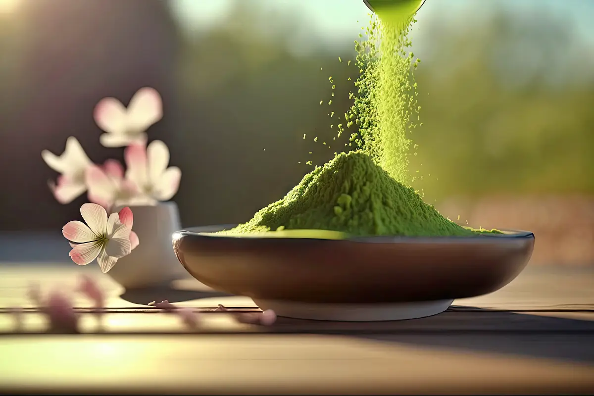 Bubuk matcha dituangkan ke piring tanah liat dan tersorot sinar matahari sehingga memperlihatkan detailnya yang halus.