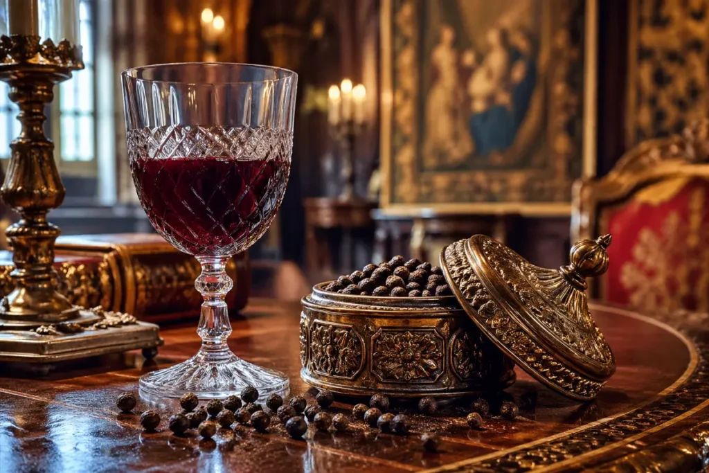 Wine merah dalam gelas kristal berdampingan dengan butiran-butiran kemukus di atas meja mewah bangsawan Eropa