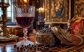 Wine merah dalam gelas kristal berdampingan dengan butiran-butiran kemukus di atas meja mewah bangsawan Eropa