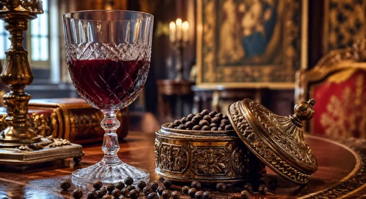 Wine merah dalam gelas kristal berdampingan dengan butiran-butiran kemukus di atas meja mewah bangsawan Eropa