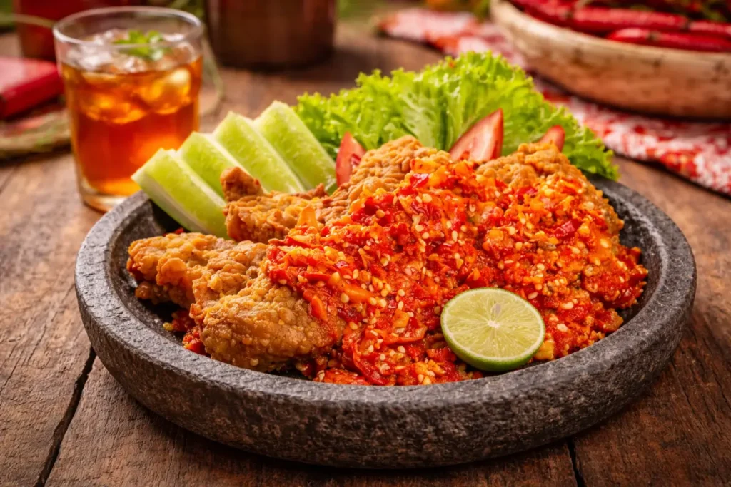 Ayam geprek dan sambal yang sangat pedas serta lalapan dalam wadah cobek batu.