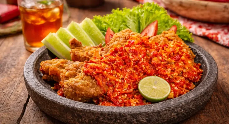 Ayam geprek dan sambal yang sangat pedas serta lalapan dalam wadah cobek batu.