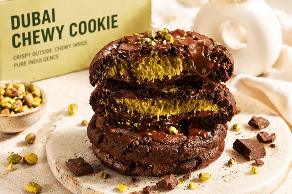 Tiga susun cokelat Dubai atau Dubai Chewy Cookie berbentuk bulat seperti donat yang sudah digigit memperlihatkan isian di dalamnya.