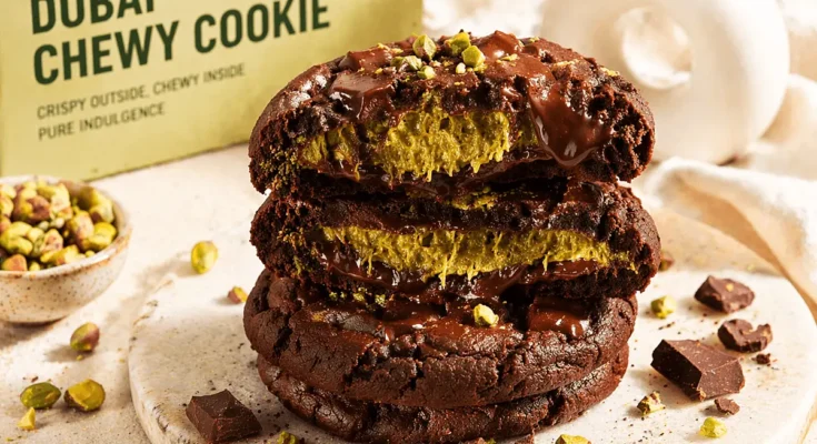 Tiga susun cokelat Dubai atau Dubai Chewy Cookie berbentuk bulat seperti donat yang sudah digigit memperlihatkan isian di dalamnya.