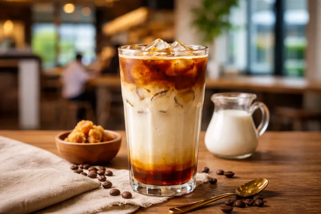 Segelas es kopi susu gula aren tersaji di meja kafe.