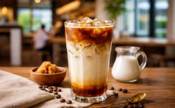 Segelas es kopi susu gula aren tersaji di meja kafe.