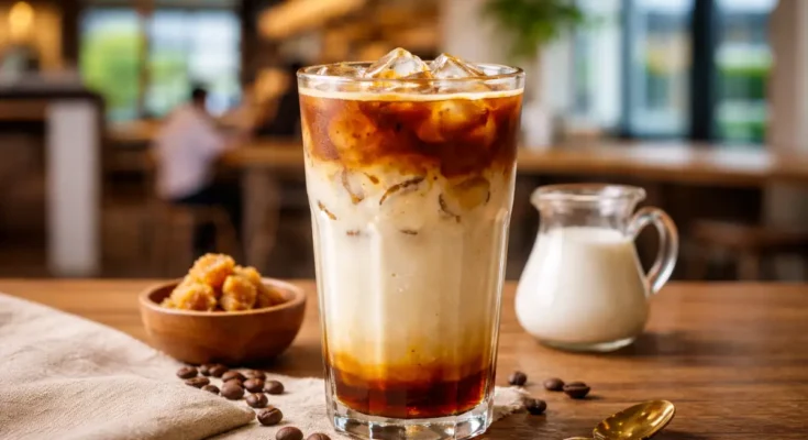 Segelas es kopi susu gula aren tersaji di meja kafe.