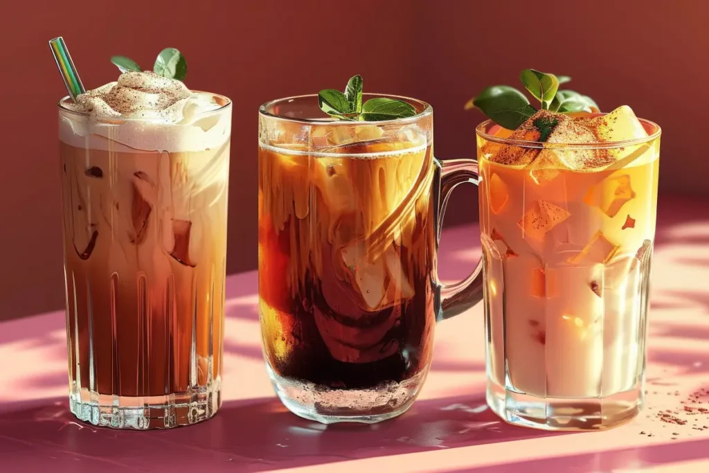 Tiga gelas es kopi susu gula aren dalam tiga variasi berbeda.