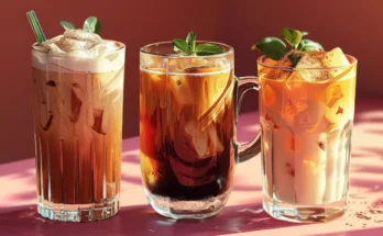 Tiga gelas es kopi susu gula aren dalam tiga variasi berbeda.