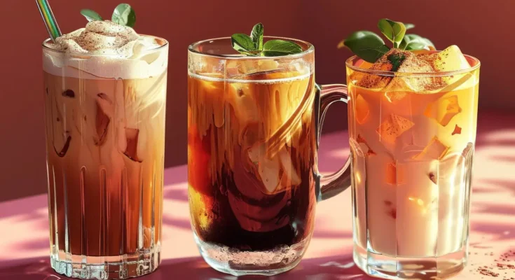 Tiga gelas es kopi susu gula aren dalam tiga variasi berbeda.