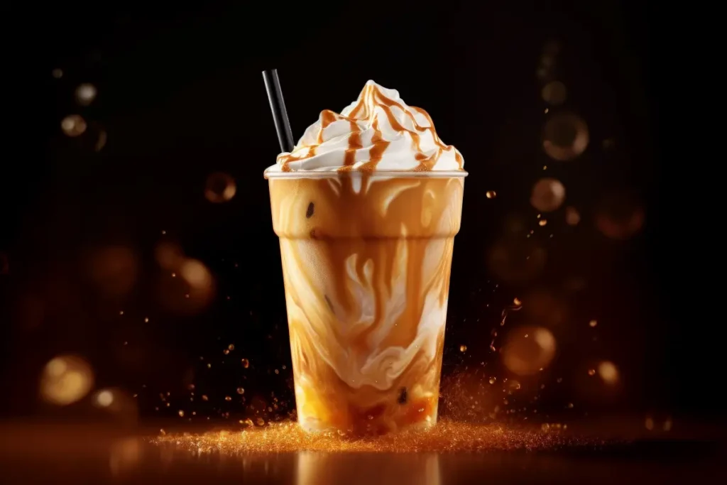 Segelas es kopi susu gula aren dengan topping es krim yang ditambahi lelehan cairan gula aren.