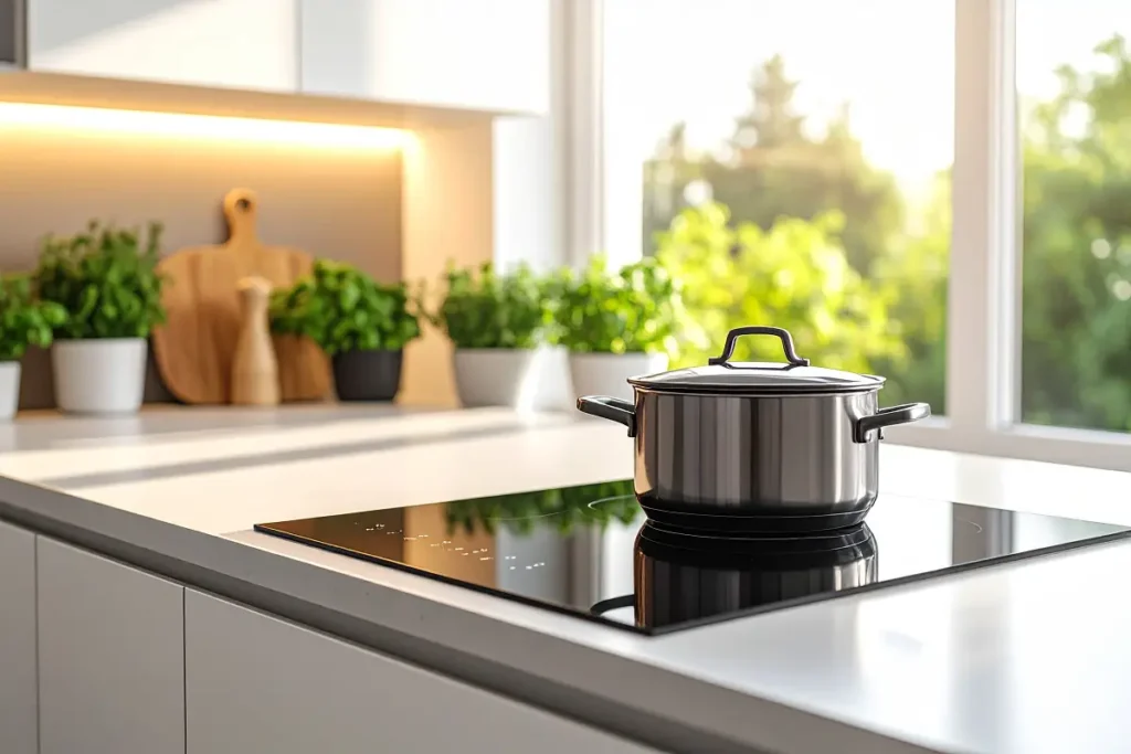 Panci di atas kompor induksi di sebuah dapur modern yang bersih dan terang.
