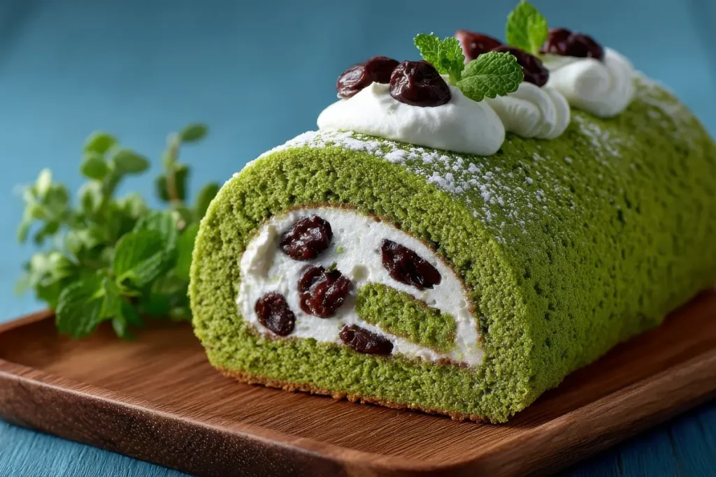 Matcha roll cake dihias kismis dan daun mint,