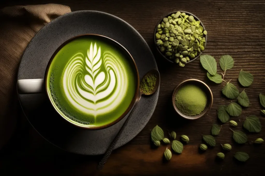 Secangkir matcha latte yang permukaannya dihias dengan susu yang dituang membentuk bunga.