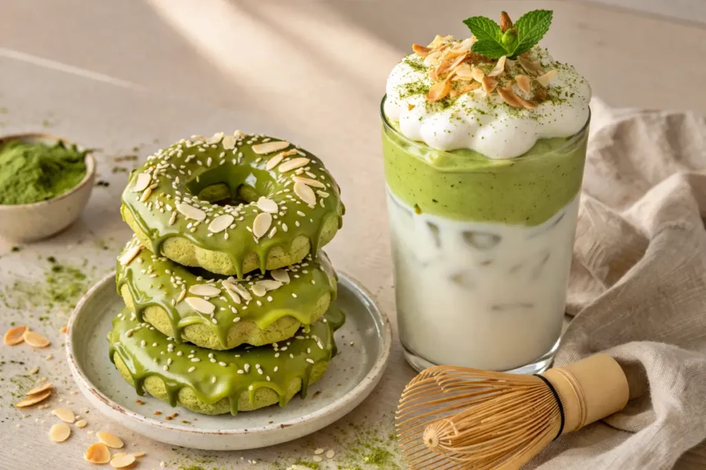 donat mochi matcha bertumpuk di atas piring dan segelas matcha dalgona dengan coconut cloud