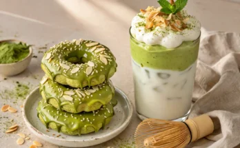 donat mochi matcha bertumpuk di atas piring dan segelas matcha dalgona dengan coconut cloud