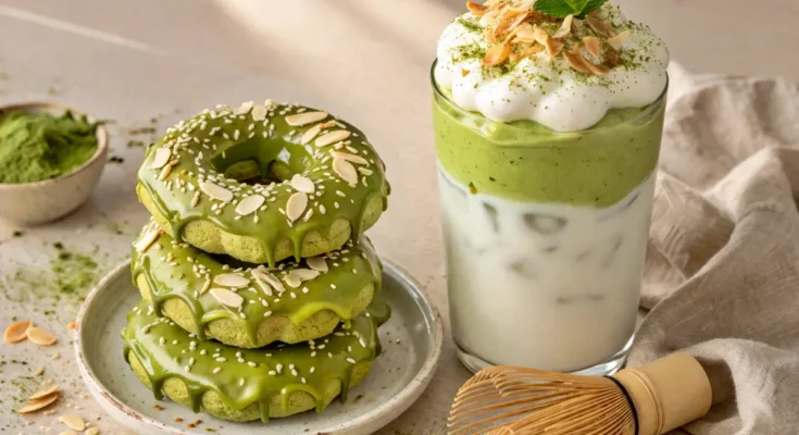 donat mochi matcha bertumpuk di atas piring dan segelas matcha dalgona dengan coconut cloud