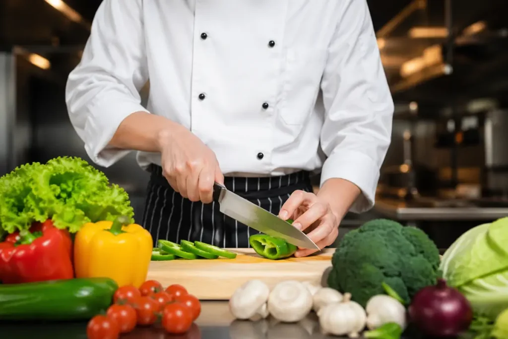 Seorang chef sedang memotong berbagai macam sayuran dengan pisau profesional di dapur profesional.