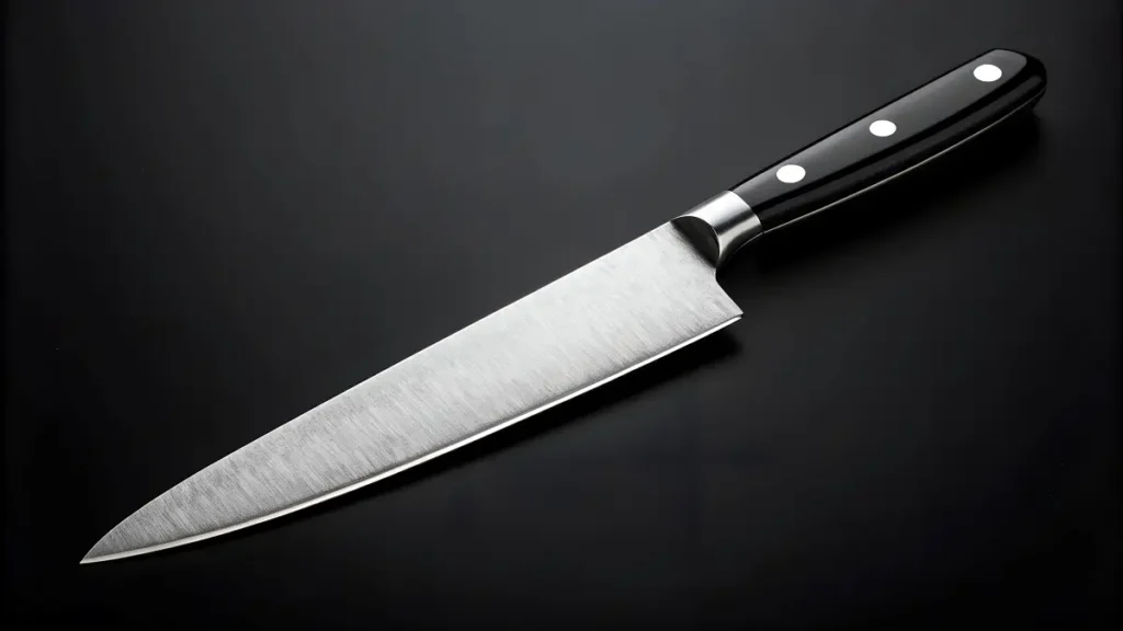 Pisau chef atau pisau dapur profesional yang dibuat dari material berkualitas tinggi dengan gagang berwarna hitam dilengkapi paku keling atau rivet untuk keamanan