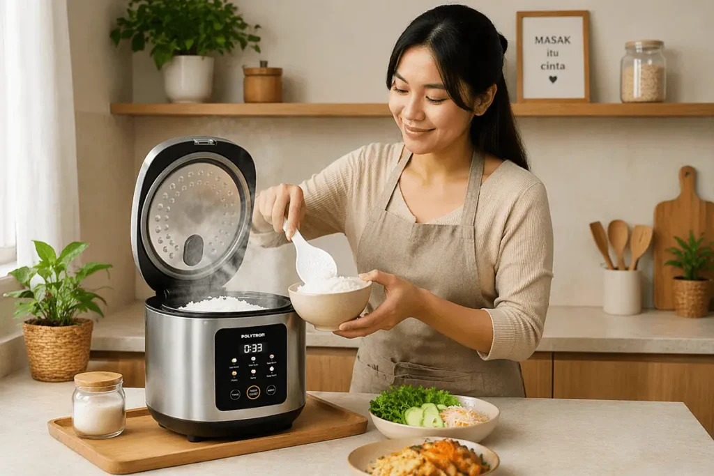 Seorang ibu muda sedang mengambil nasi dari Rice Cooker Low Carbo Polytron.