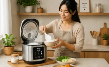 Seorang ibu muda sedang mengambil nasi dari Rice Cooker Low Carbo Polytron.
