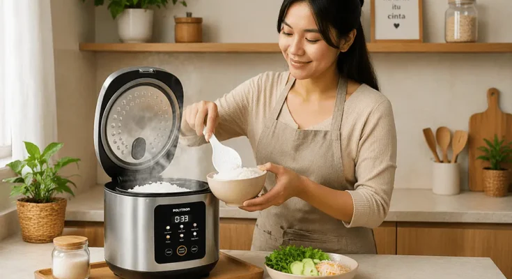 Seorang ibu muda sedang mengambil nasi dari Rice Cooker Low Carbo Polytron.