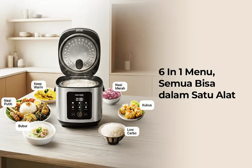 Rice Cooker Low Carbo dari Polytron terbuka tutupnya didampingi berbagai hasil masakan yang diproses dengan perangkat ini.