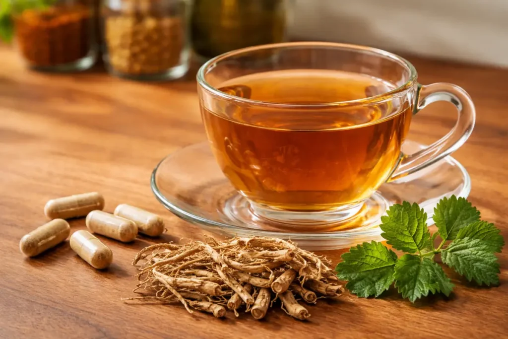 Secangkir teh bersama akar dan daun purwaceng serta kapsul purwaceng