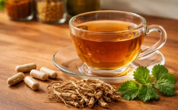 Secangkir teh bersama akar dan daun purwaceng serta kapsul purwaceng