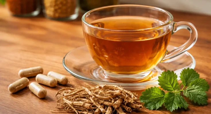 Secangkir teh bersama akar dan daun purwaceng serta kapsul purwaceng