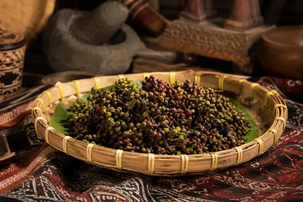Sekumpulan buah andaliman dalam wadah bambu dan alas kain bermotif khas Batak.