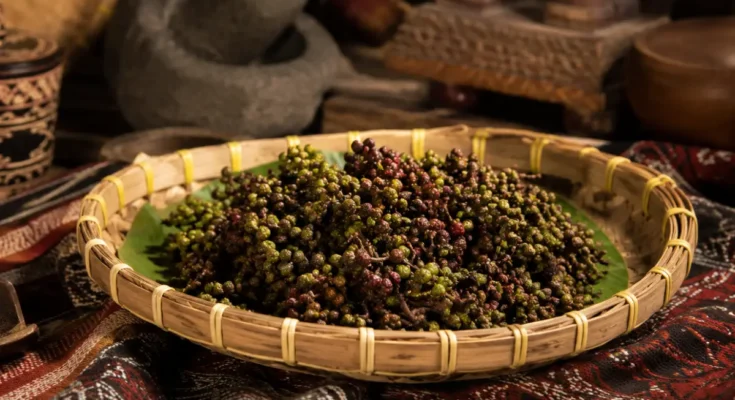 Sekumpulan buah andaliman dalam wadah bambu dan alas kain bermotif khas Batak.