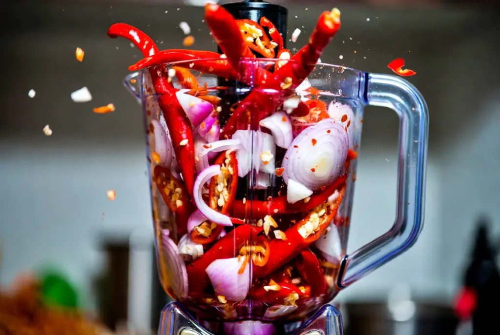 Menghancurkan bahan-bahan sambal dengan blender.