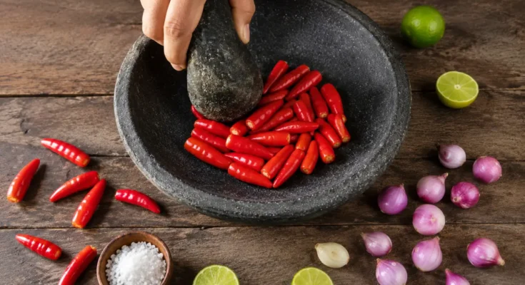 Mengulek cabai dengan ulekan dan cobek tradisional dari batu